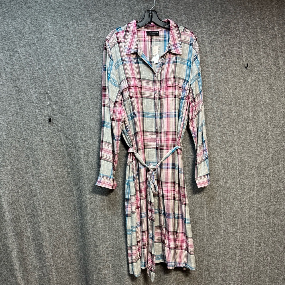Lane Bryant Pink and Blue Plaid Long Sleeve Button Front Dress